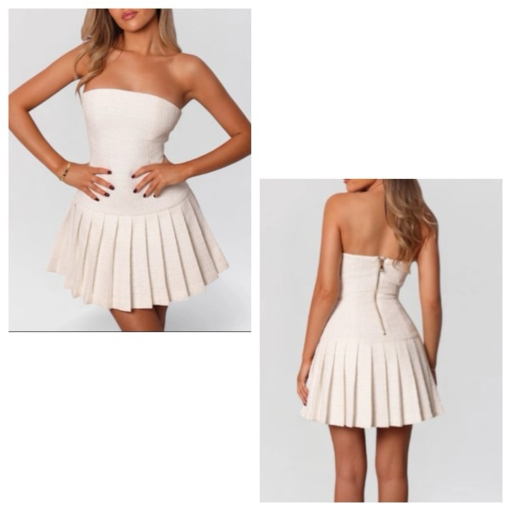 Heiress Beverly Hills White Strapless Tweed Pleated Mini Dress